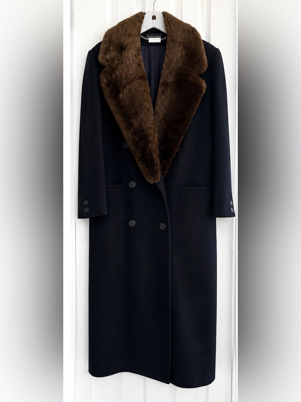 Vintage 1980’s Herve’ Benard Navy 100% Wool Long Coat,Genuine Beaver Fur Collar